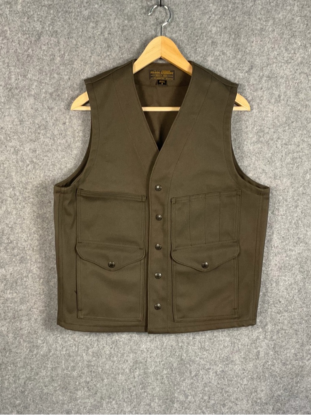 Filson Olive Green Rugged Utility Vest - Men's Heavy-Duty Button Front